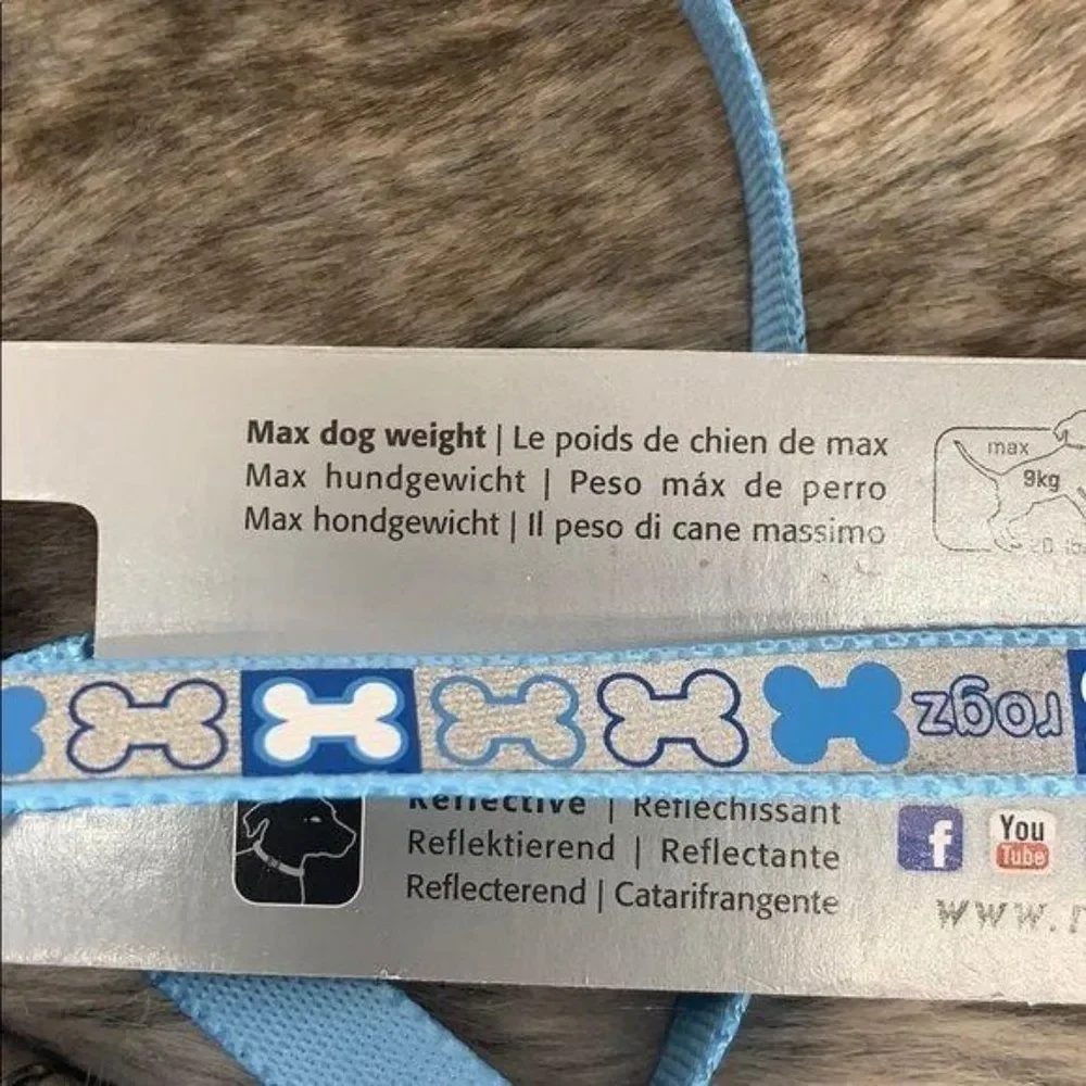Rogz Pupz‎ Blue Reflective Dog Long Thin Coolest Pet Dog Bone Silver Leash